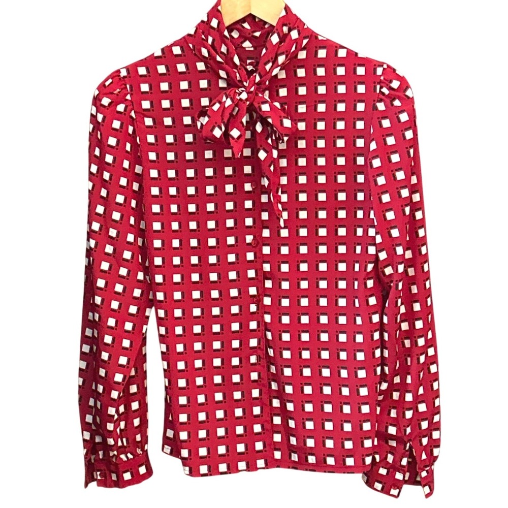 70s Kaki Roberts Blouse Secretary Core Librarian Retro Geometric Tie Neck Red